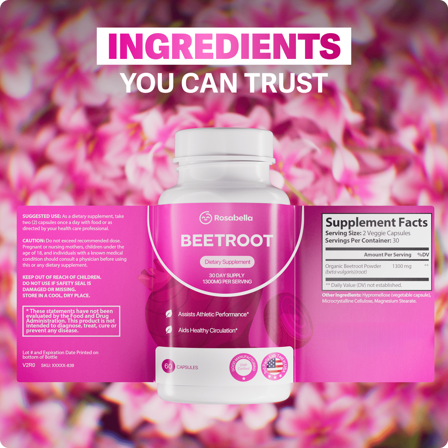 Rosabella Organic Beet Root Capsules - 1300mg Beet Root Powder Aids Healthy Circulation & Vitality, Non-GMO, Beet Root Supplement - 60 Capsules, 30-Day Supply