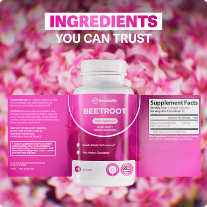 Rosabella Organic Beet Root Capsules - 1300mg Beet Root Powder Aids Healthy Circulation & Vitality, Non-GMO, Beet Root Supplement - 60 Capsules, 30-Day Supply