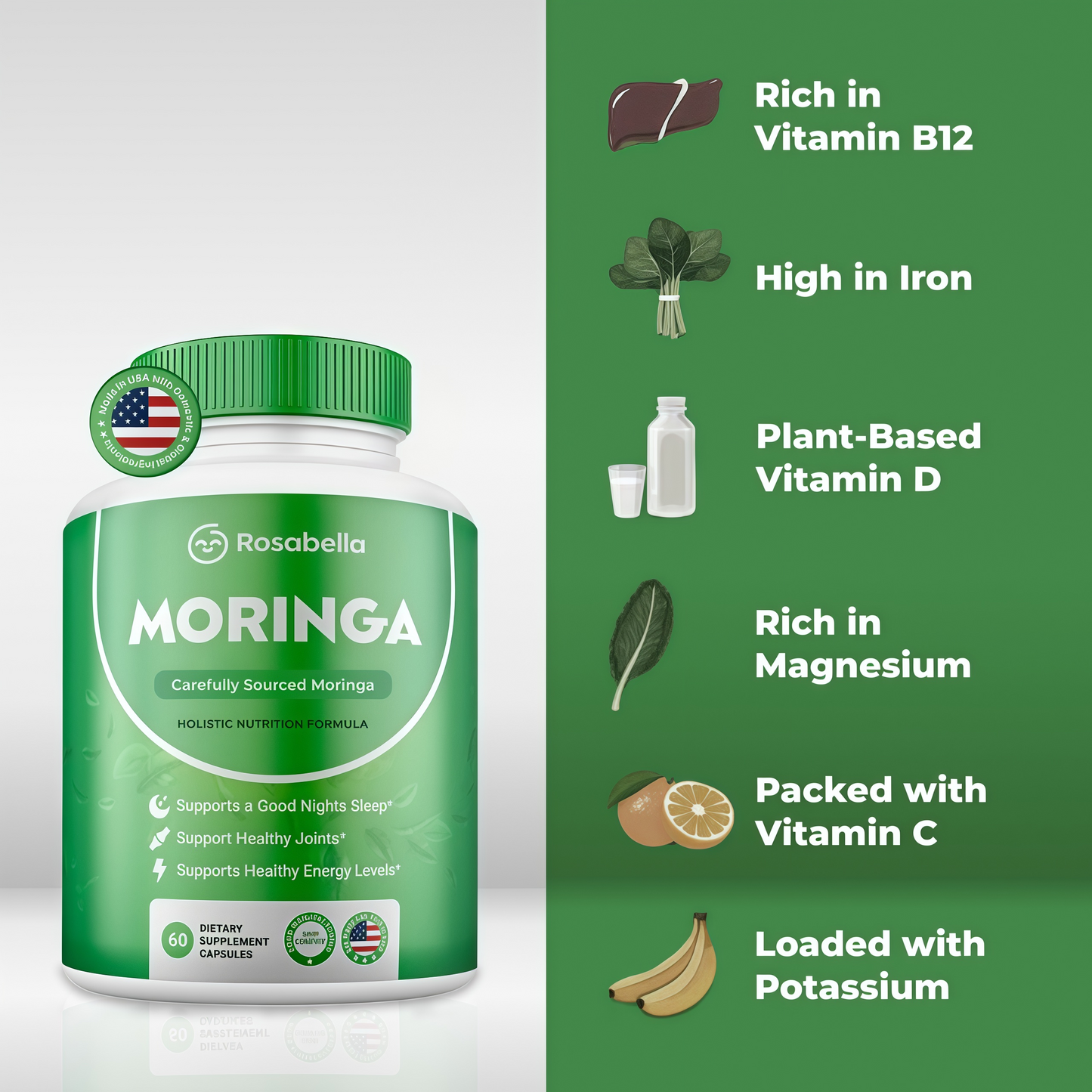 Rosabella Moringa Capsules - Pure Moringa Powder, Energy, Skin, Immune & Gut Health Superfood, Rich in Antioxidants, Essential Vitamins & Amino Acids, Natural Green Superfood Supplement - 60 Count