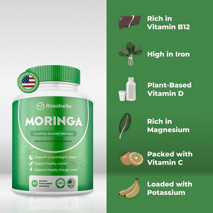 Rosabella Moringa Capsules - Pure Moringa Powder, Energy, Skin, Immune & Gut Health Superfood, Rich in Antioxidants, Essential Vitamins & Amino Acids, Natural Green Superfood Supplement - 60 Count