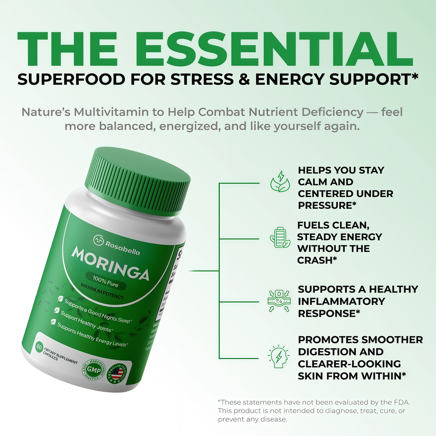 Rosabella Moringa Capsules - Pure Moringa Powder, Energy, Skin, Immune & Gut Health Superfood, Rich in Antioxidants, Essential Vitamins & Amino Acids, Natural Green Superfood Supplement - 60 Count