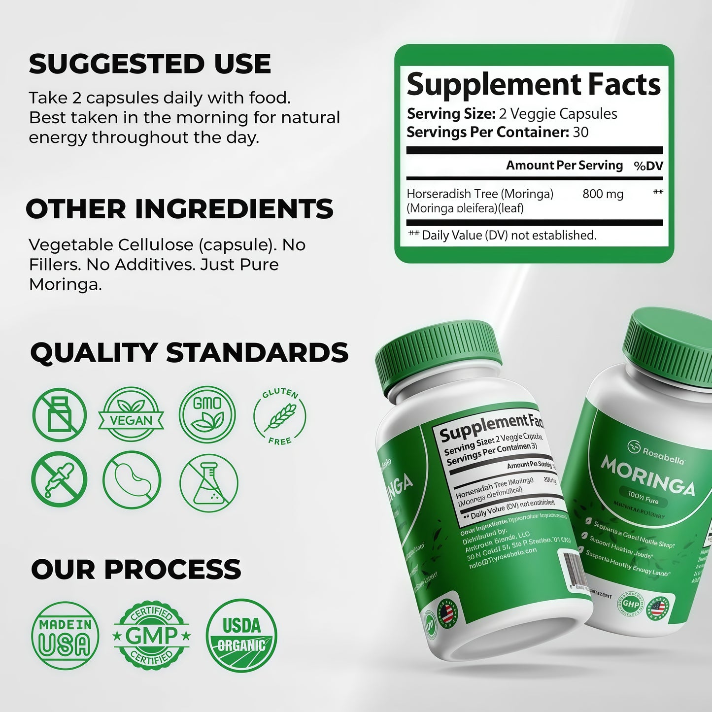 Rosabella Moringa Capsules - Pure Moringa Powder, Energy, Skin, Immune & Gut Health Superfood, Rich in Antioxidants, Essential Vitamins & Amino Acids, Natural Green Superfood Supplement - 60 Count