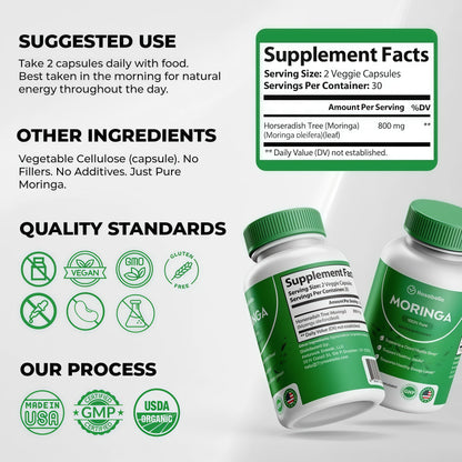 Rosabella Moringa Capsules - Pure Moringa Powder, Energy, Skin, Immune & Gut Health Superfood, Rich in Antioxidants, Essential Vitamins & Amino Acids, Natural Green Superfood Supplement - 60 Count