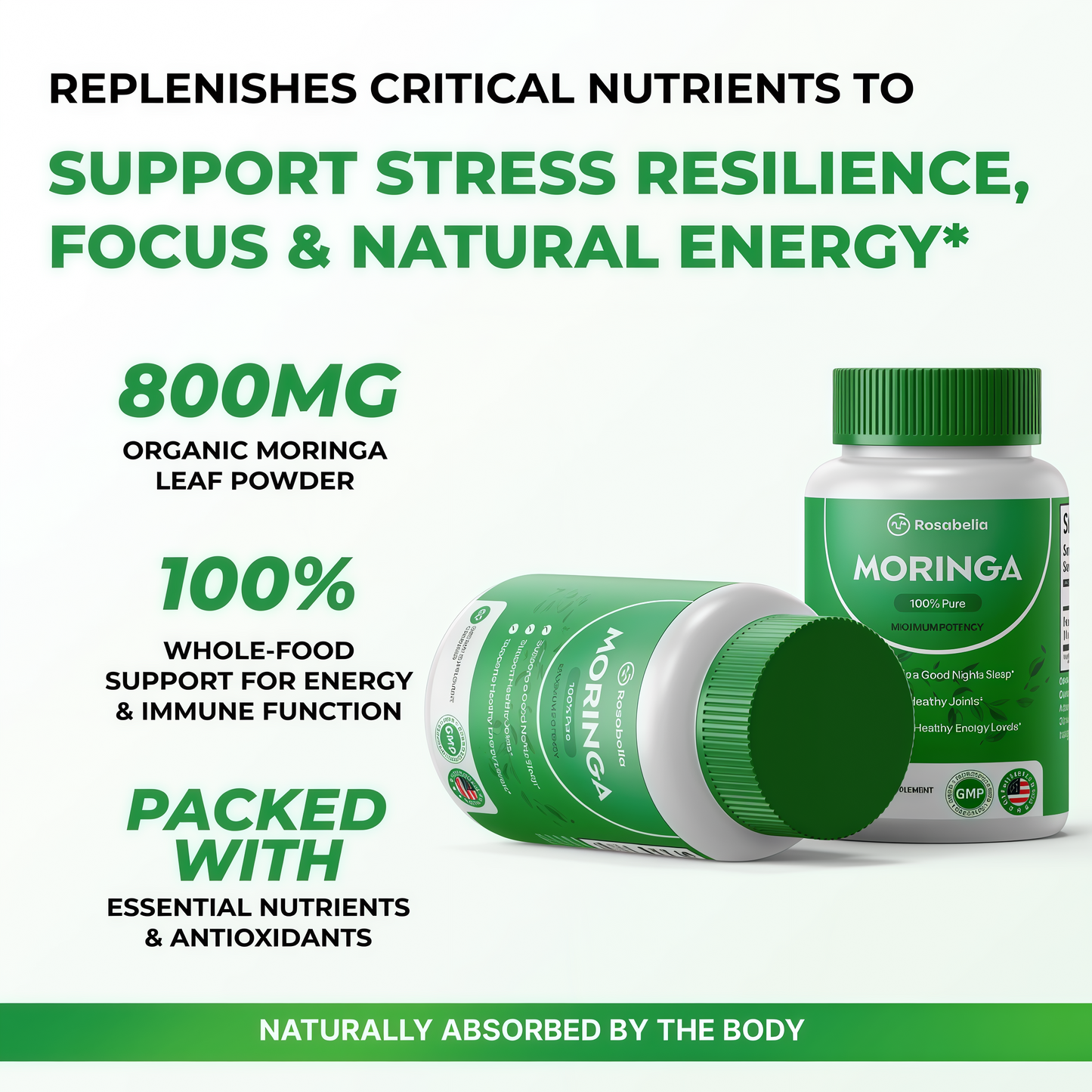 Rosabella Moringa Capsules - Pure Moringa Powder, Energy, Skin, Immune & Gut Health Superfood, Rich in Antioxidants, Essential Vitamins & Amino Acids, Natural Green Superfood Supplement - 60 Count