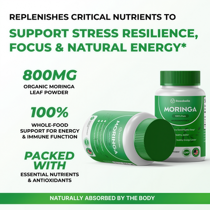 Rosabella Moringa Capsules - Pure Moringa Powder, Energy, Skin, Immune & Gut Health Superfood, Rich in Antioxidants, Essential Vitamins & Amino Acids, Natural Green Superfood Supplement - 60 Count